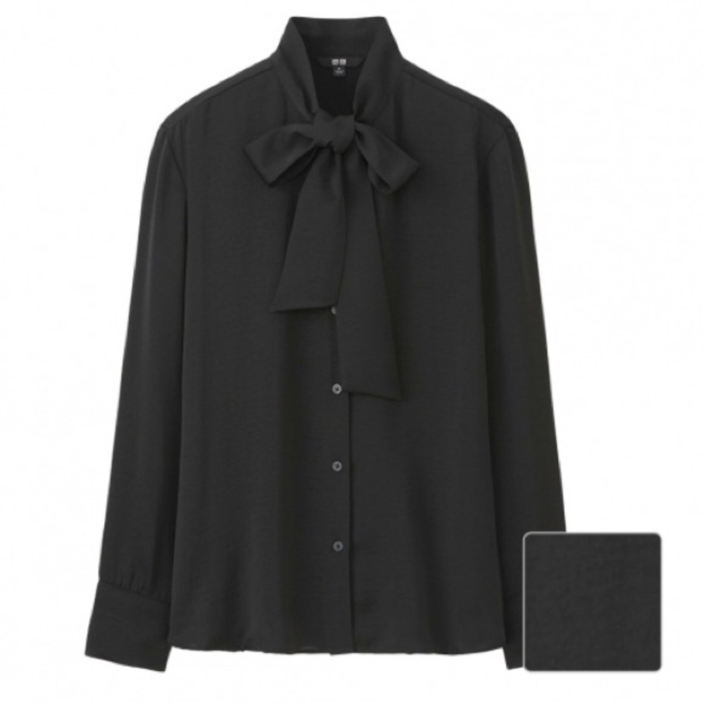 Uniqlo Satin Bow Tie Long Sleeve Blouse